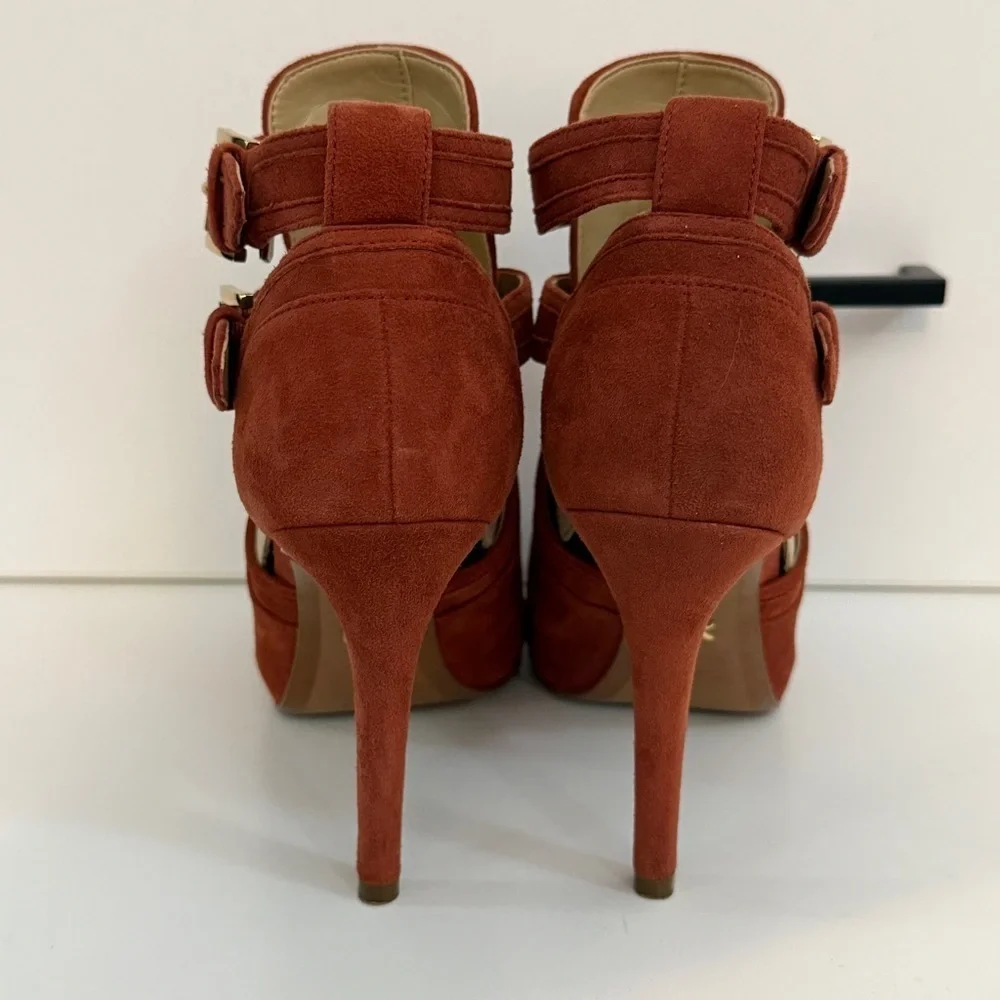 Michael Kors Burnt Orange Suede Cutout Peep-Toe Ankle Booties with Buckles